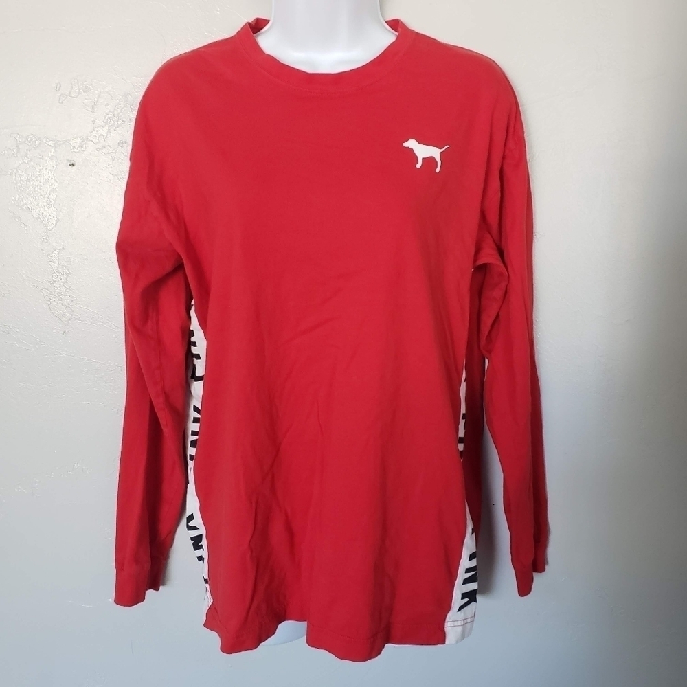 PINK Victoria's Secret Small Red Long Sleeve T-shirt White Black Logo Dog Tee